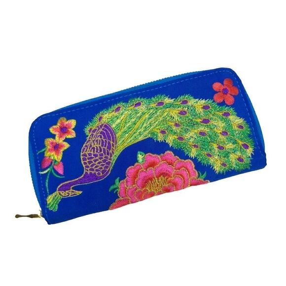 *Peacock Embroidered Sparkly Wallet Blue Pink Purple Flowers - Picture 2 of 4